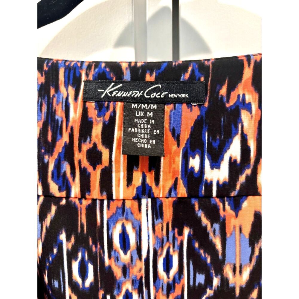 Kenneth Cole Geometric Ikat Print Midi Dress Elastic Drawstring Waist Medium M - Picture 3 of 7
